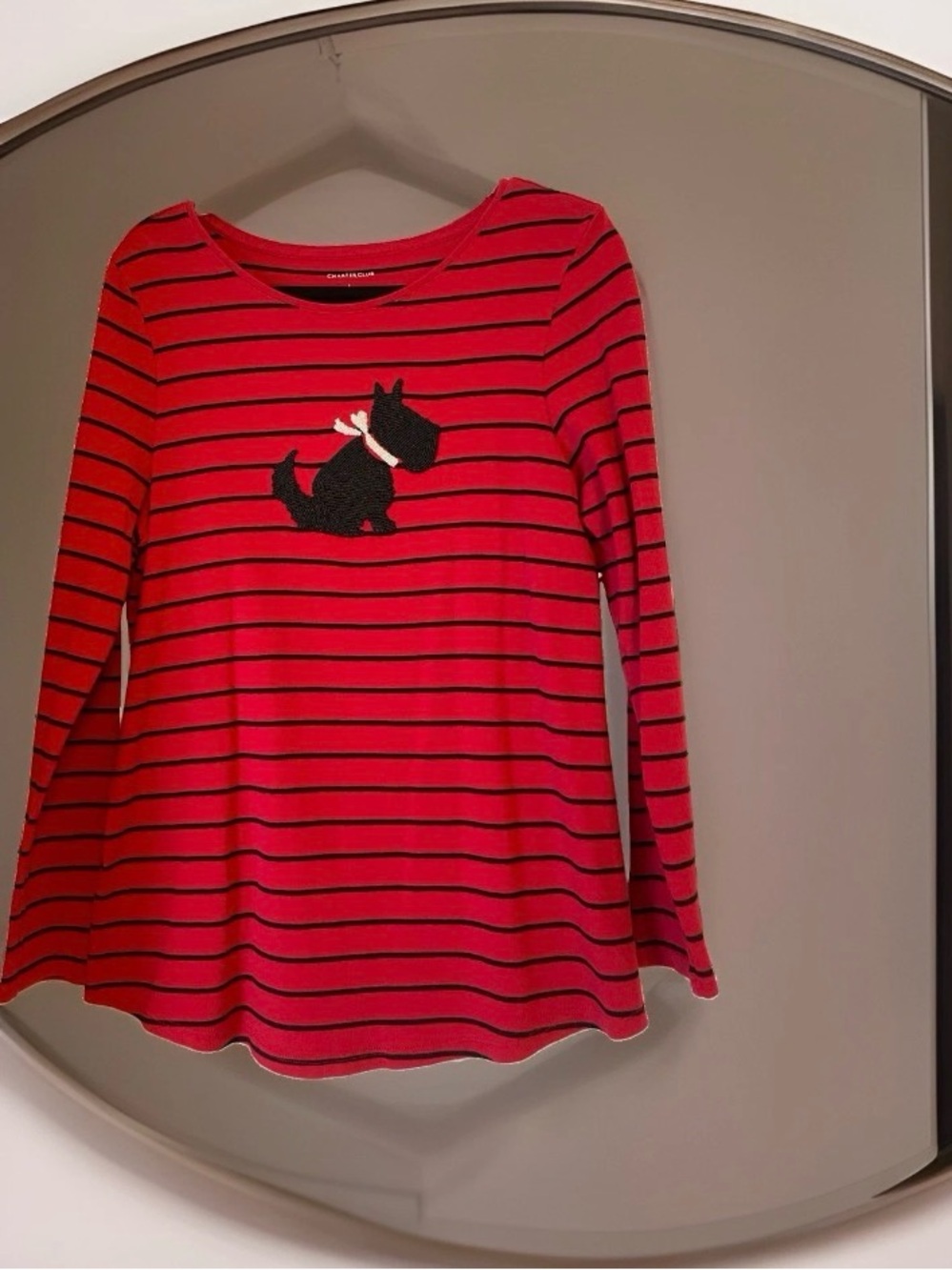 Charter Club Red Black Striped Beaded Scottie Dog Top L